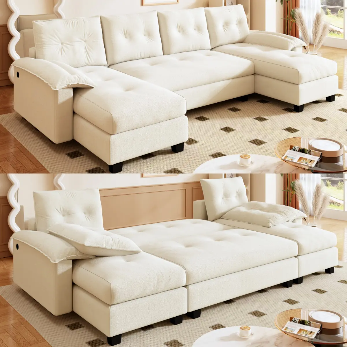 104.7" U-Shaped Sleeper Sofa with Pull Out Bed, 2-in-1 Convertible Couch Bed with Removable Armrests & USB Ports, Oversized Sectional Modular Chaise Lounge for Living Room Apartment, Beige/White, Living Room Furniture for Apartment, Lounge