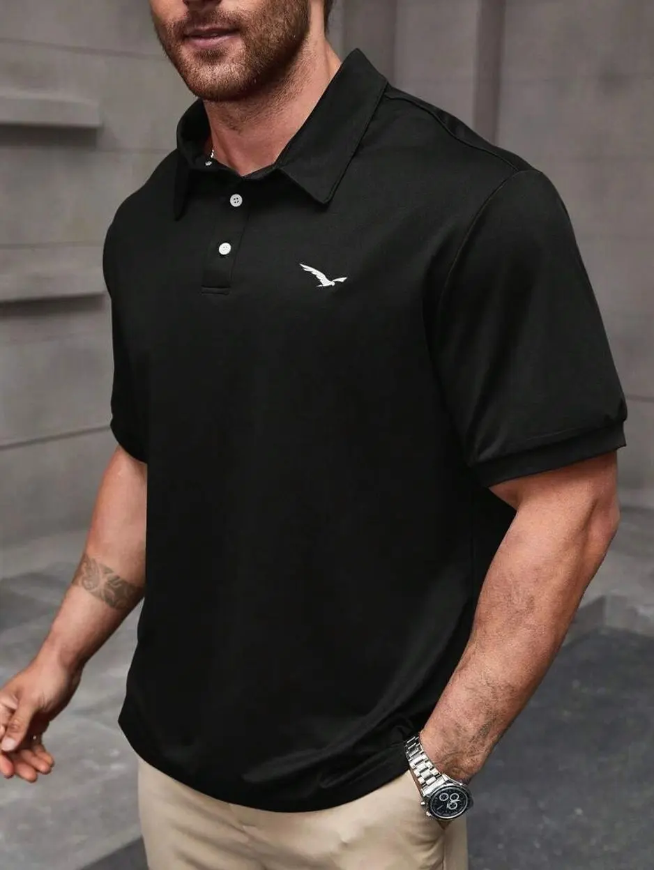 Plus Size Men's Embroidered Bird Polo Shirt, Short Sleeve Casual Summer Top
