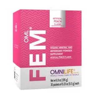 OML FEM Suplemento dietario sabor a durazno, que contiene extracto de semilla de uva. Además, con vitaminas A, C, D, E, K y ácido fólico, y minerales: calcio, magnesio y zinc.  y  stevia, endulzantes de origen natural.