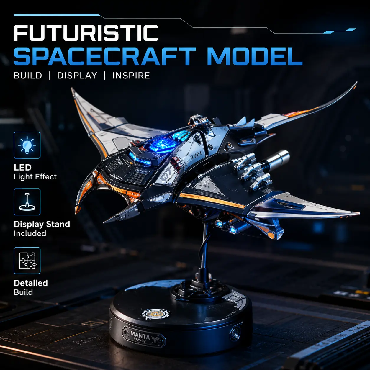 ROKR Mechanical Manta Ray 3D Model Puzzle MI06 - STEM Building Kit with LED Lights, Dual-Wing Biomimetic Flapping, Adult Desk Decor, Graduation Gift