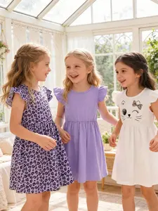 Young Girls Cute Casual Sleeveless Leopard Print Cat Dress Set, Three-Piece Midi A-Type Loose-Fitting Cartoon Pattern Clothing