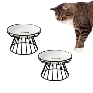 Set of 2 Ceramic Cat Bowls with Metal Stand, Anti-Slip Elevated Cat Feeding Feeder for Comfortable Eating and Drinking, Reduces Spinal Pressure
