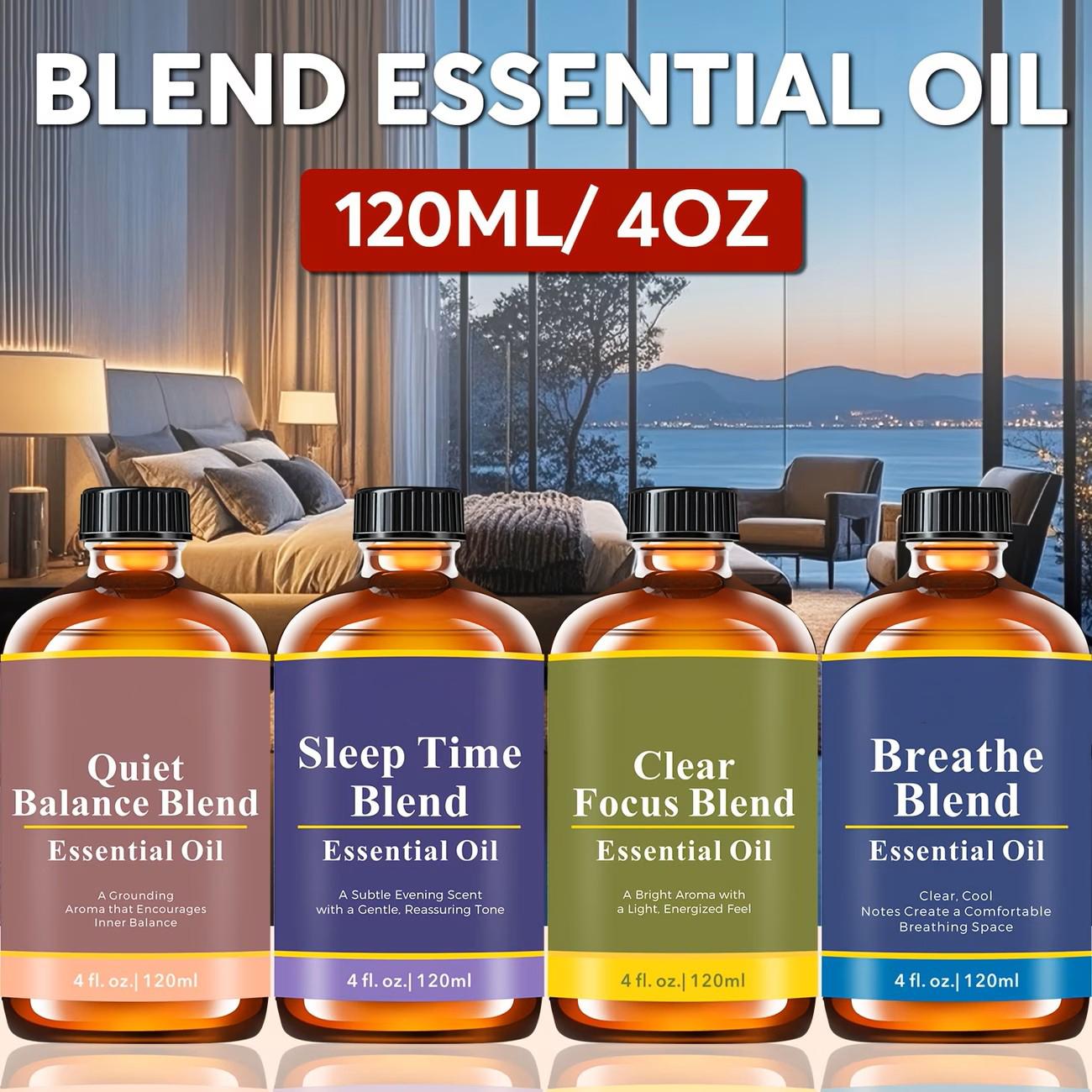 120ml/ 4oz Essential Oil Blend: Breathe, Sleep Time, Clear Focus, Quiet Balance Essential Oil for Humidifiers, Diffusers, Candle, Perfume Spray, Soap Making, Flavored Air | Yoga, Sleep, Meditation