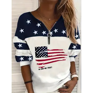 [American Flag Sweatshirt] American Flag Printed Pullover Sweatshirt - Casual Long Sleeved Zipper Sweatshirt For Autumn And Winter - Women's Clothing Graphic White Collar Fabric Womenswear Fit Hoodie Polyester Tops Comfort