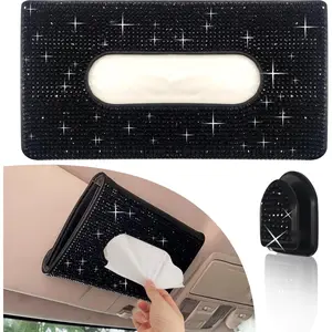 Car Sun Visor Tissue Box Holder, Hanging Car Sparkly Crystal PU Leather Napkin Case Holder Bling car Accessories for Women and Ladies (Black)