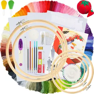 Embroidery Kit 215 Pcs, 100 Colors Threads, 5 Pcs Embroidery Hoops, 3 Pcs Aida Cloth, 40 Sewing Pins, Cross Stitch Tools and Embroidery Starter Kit for Adults and Kids Beginners
