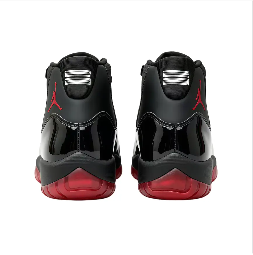 Black Patent Retro 11 High Tops Brand New With Matching Shoe Box, glossy patent leather toe cap matched with thick fabric upper, bright red translucent rubber outsole. Unisex vintage sneakers for hip-hop street style and sneaker collection display
