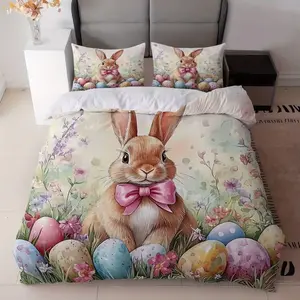 Three patterns of Easter bunnies and Easter eggs Duvet Cover Set, 3-Piece Includes 1 Fitted Sheet and 2 Pillowcases, Soft Breathable Design for Bedroom and Guest Room, Bedroom Bedding Set