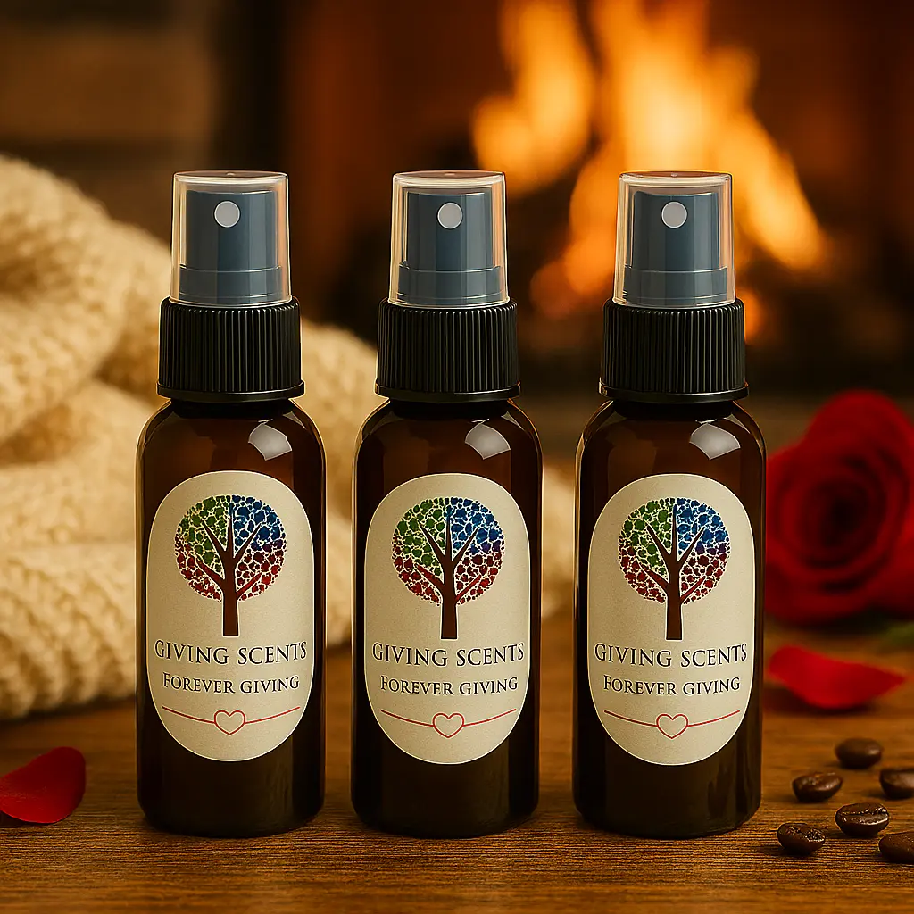 Giving Scents Comfy Couch 3 Scent Bundle - Coffee Cloud Story Time & Carmel Popcorn Aromas - 2 oz Sprays for Home or Car - Noble Cause Support - Three Distinct Scents for Various Moods