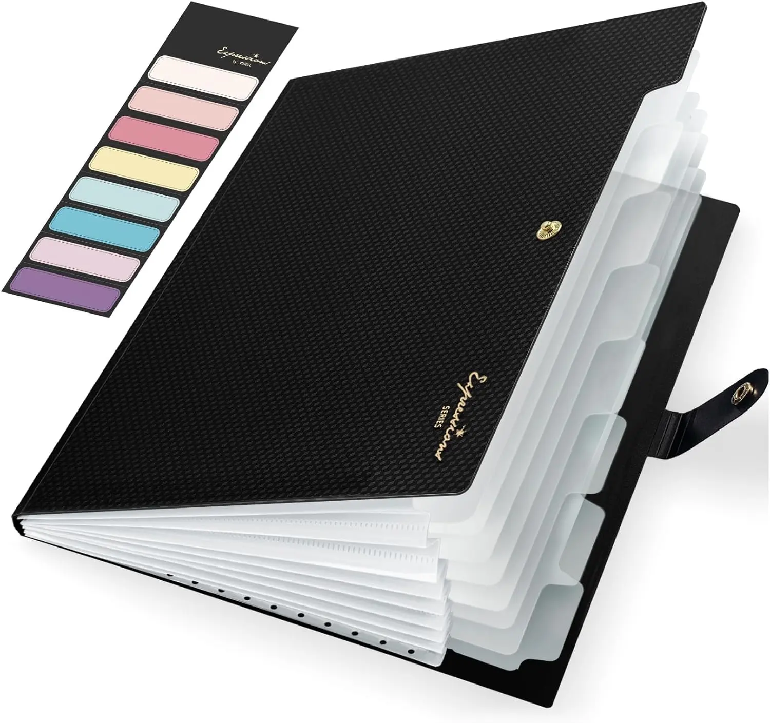 Black 8-Pocket Expanding Accordion File Organizer - Paper-Based Letter/A4 Size Folders, 13 x 9.5 Inches Compact Lightweight Portable Design, Colorful Labels and Tabs, Easy Organization for Home Office Efficient Document Storage