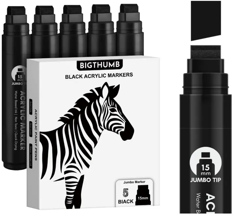 Black Poster Markers Jumbo: 5 Pcs 15mm Wide Tip Thick Acrylic Paint Pen Large Permanent Calligraphy Markers for Rock Painting, Stone, Poster, Canvas