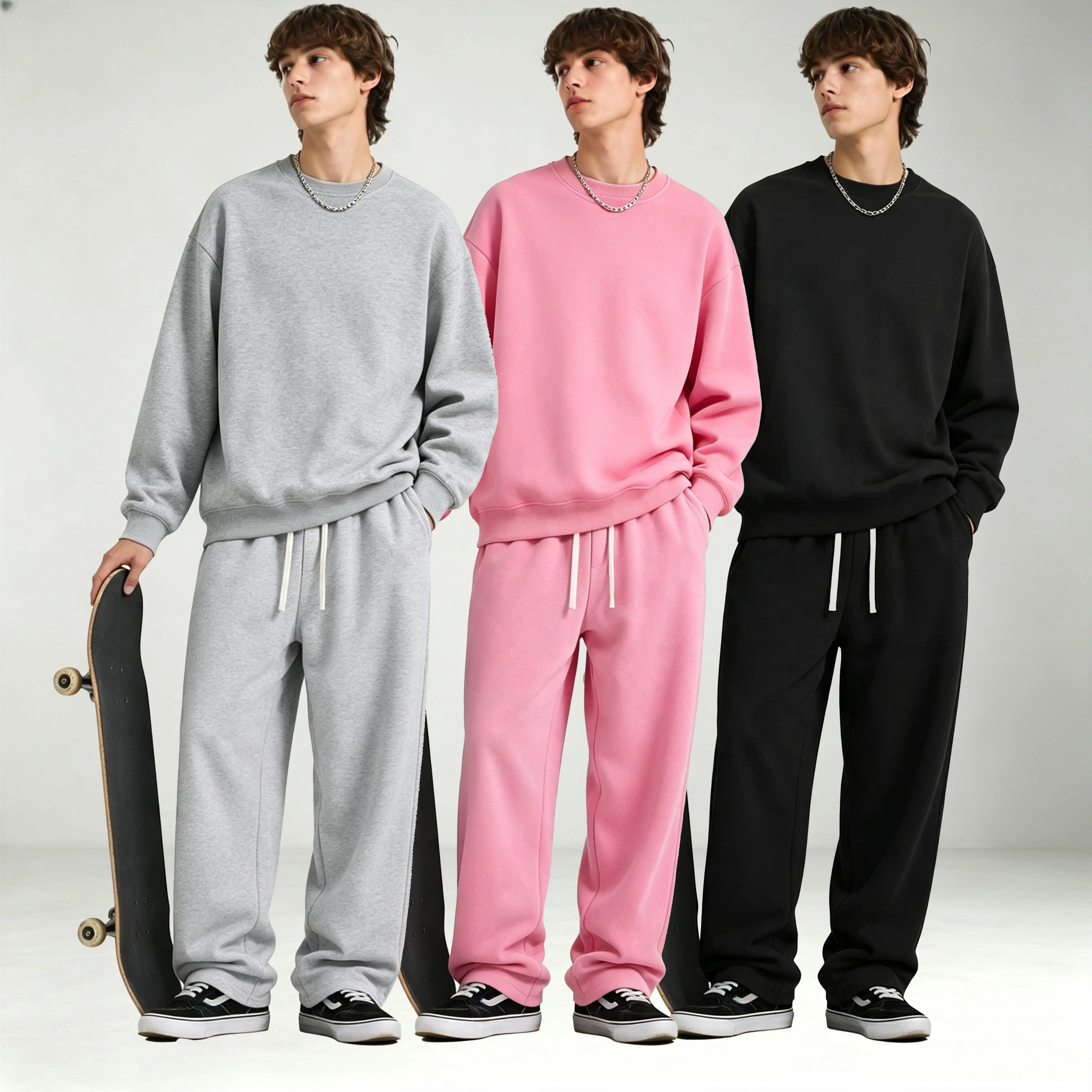 Men's Solid Crewneck Sweatshirt Tracksuit, Loose Wide Leg Sweatpants Set, Casual Streetwear Skater Outfit