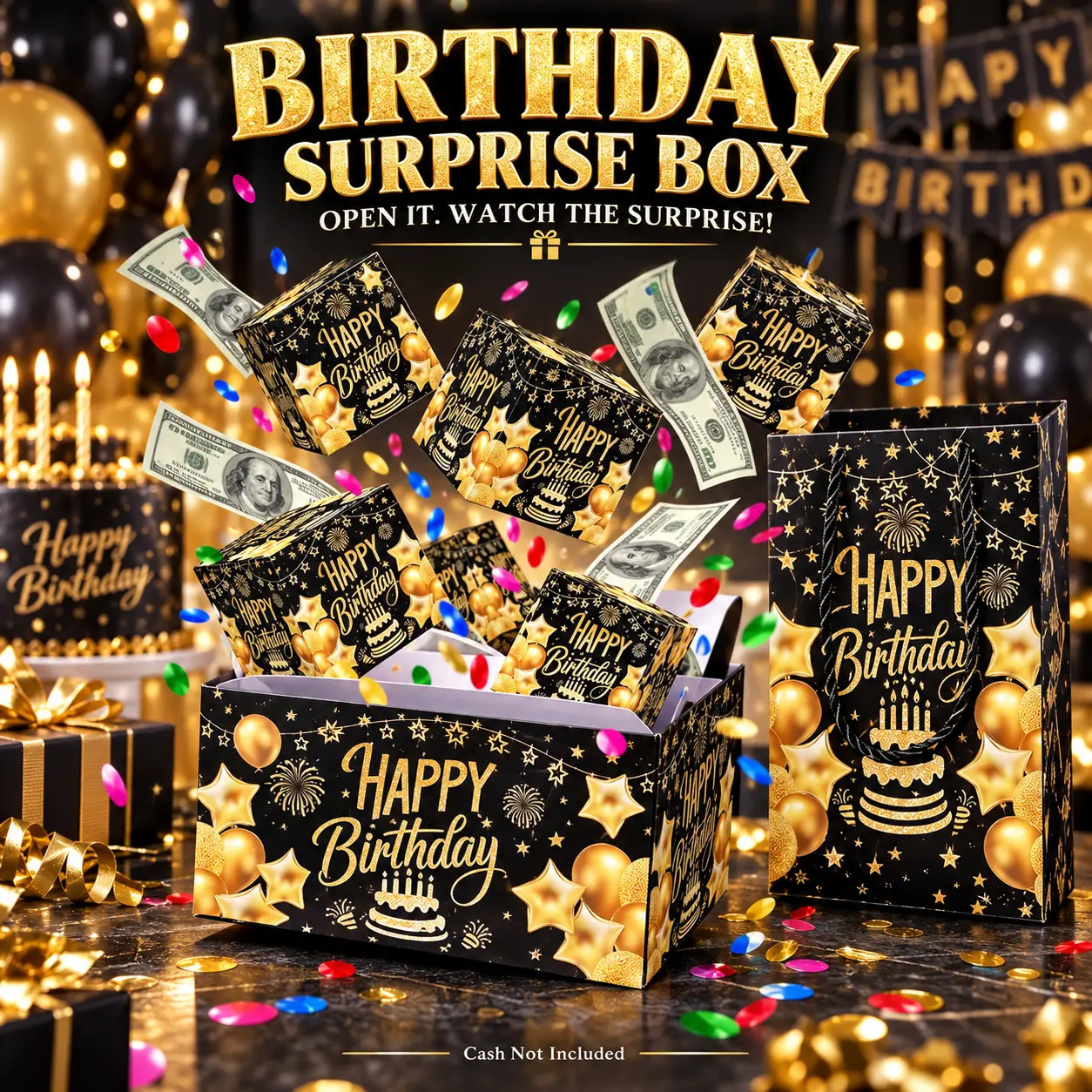 Birthday Money Explosion Box, Happy Birthday Cash Gift Box with Confetti & Gift Bag, Surprise Birthday Gift for Him Her, Men Women, Friends & Family