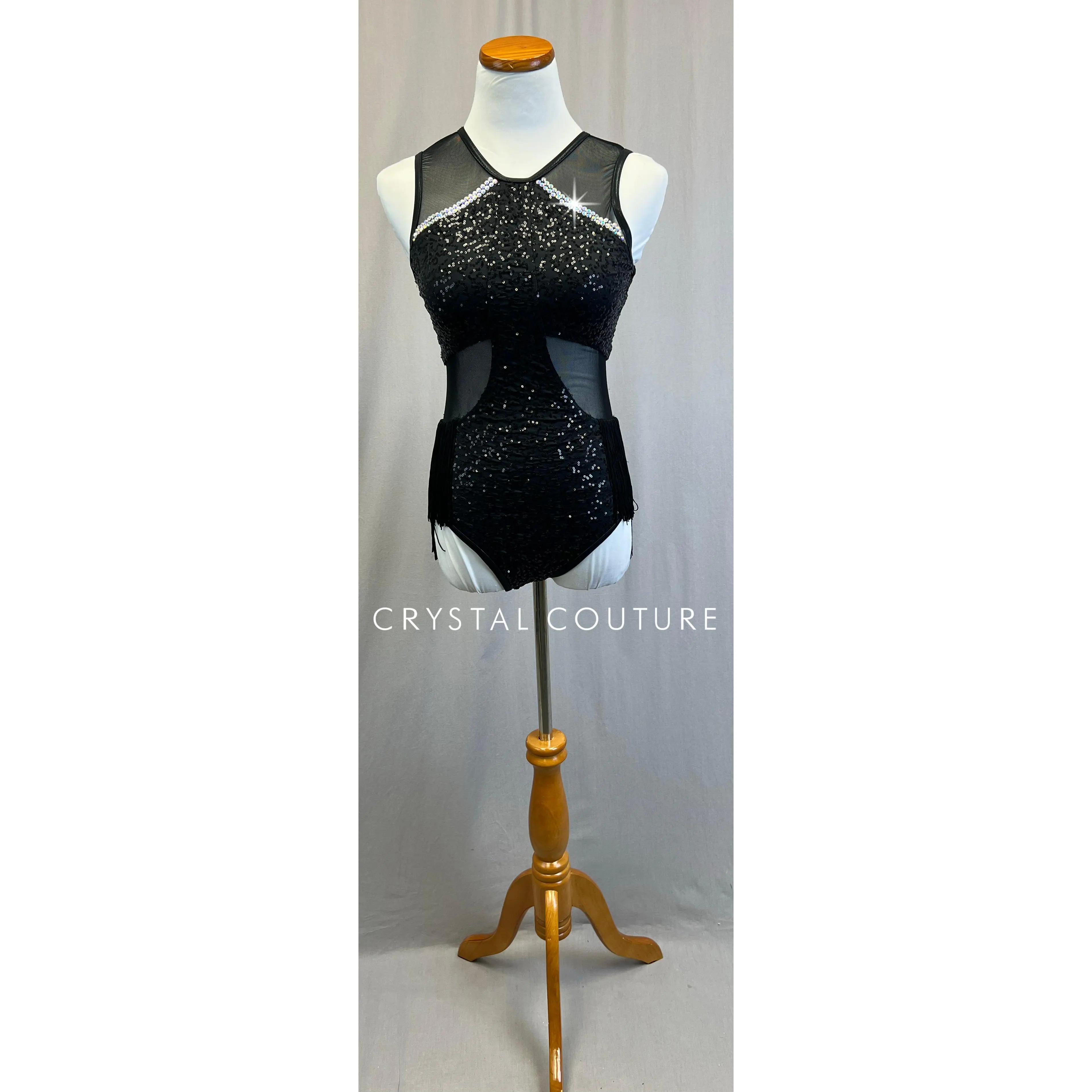 Black Sequin Leotard with Mesh Cutouts and Fringe - Rhinestones