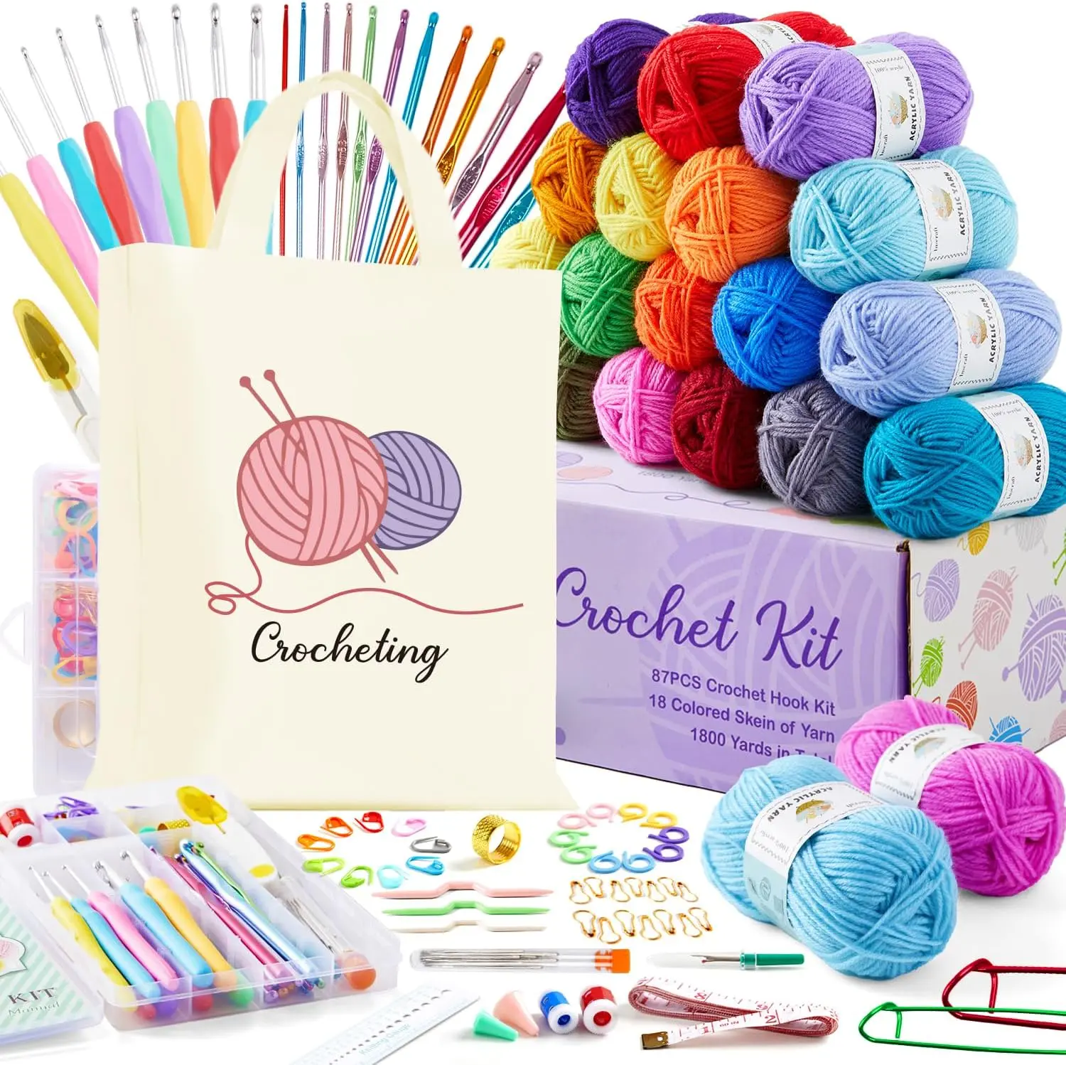INSCRAFT 105-Piece Crochet Kit for Beginners (Ages 13+), Adult DIY Knitting Starter Set with 18 Assorted Colors Yarn, Ergonomic Crochet Hooks, 3 Knitting Needles, Stitch Marker, Scissors, Reusable Storage Bag & Accessories, Crochet For Beginners