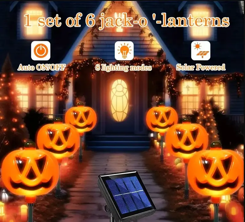 1 Set Of 6 Electric Halloween Pumpkin Path Lights, Solar Pumpkin Path Marker String Lights, Halloween Light-up Pumpkin Lantern Path Lights Decoration For Outdoor Garden, Courtyard, Lawn And Road