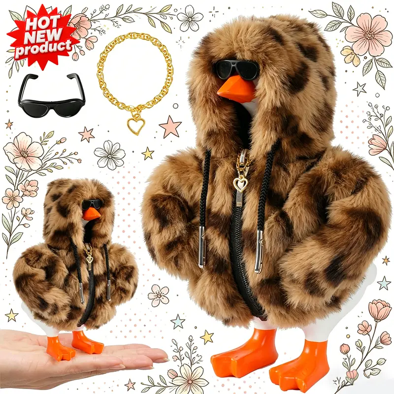 Unisex 7in Soft Fleece Leopard Print Desk Goose Costumes Set - Smooth Plush Hoodie with Zipper, Stylish Shiny Sunglasses, Classic Heart Necklaces for Magnetic Goose Statue Decoration (Toys & Hobbies DIY Felt Crafts)