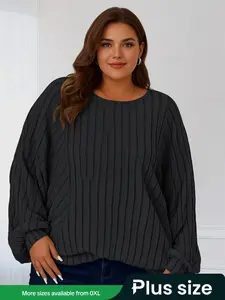 【Plus Size】 Basic Solid Ribbed Batwing Sleeve Pullover Sweatshirt, Casual Long Sleeve Round Neck Pullover for Spring & Fall, Women's Clothing for Daily Wear