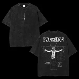 Evangelion Vintage Washed Heavyweight Cotton Crewneck Graphic Tee Classic USA Style Oversized Casual Streetwear Top Trendy Adult Anime Fashion Daily Outdoor Party Commute Wear Premium Soft Fabric Anime Fan Essential Apparel