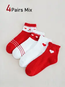 Women's Cute Sweet Graphic Ankle Socks, Heart Letter Stripe Vertical Striped Women's Socks, 4 Pairs, Casual Fashion Accessories