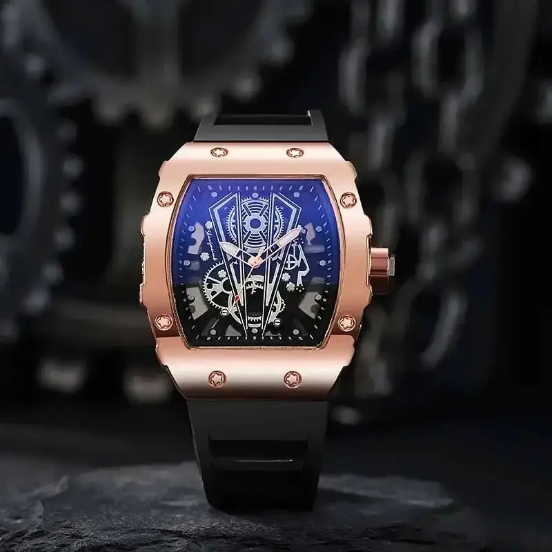 MaxBling81 Men's Luxury Sports Watch, Rectangular Face with Luxury Dial, Rose Gold Case and Black Silicone Band, Waterproof Quartz Timepiece