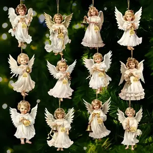 12 Piece Angel Wooden Hanging Decor, Angels with Gold Bell and Ribbon, Perfect for Home, Window, Fireplace, Party Decoration