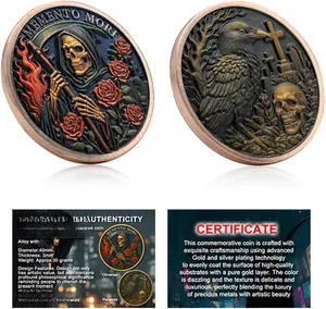 Mercollection Death God Commemorative Coin Metal Zinc Alloy Memento Mori Crow Skull Challenge Coin with Certificate Collection Gift 1.57 Inch Diameter 30 Grams Weight