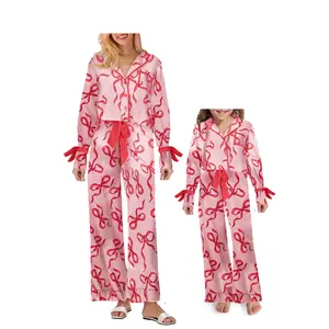 FOCUSNORM Cute Valentine's Day Family Two Piece Set Satin Silk Bow Shirt Pants Set Mother and Daughter Outfit