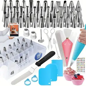Cake Decorating Tool Set, 100pcs/set Including Stainless Steel Piping Tips & Disposable Piping Bags & Cake Scraper & More, Baking Set, Bakeware, Cake Decorating Kit