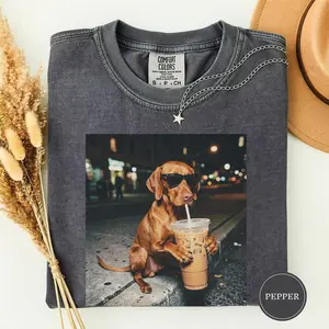 Comfort Colors Funny Vizsla Drinking Iced Coffee Shirt, Animal Meme Graphic Tee, Dog Lover Gift, Funny Vizsla Shirt, Coffee Lover Tee, Dog Mom