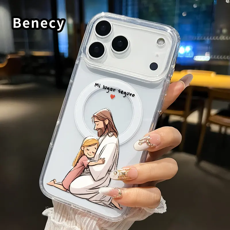 Magnetic Transparent Acrylic Phone Case for iPhone 17/16 Pro Max Plus/15/14/13/12/11/Air E, Wireless Charging-Supporting Handheld Casing with Safe Embrace Pattern, Anti-Yellowing Shockproof Ultra-Thin Large Hole Protection Accessories for Mobile Devices,