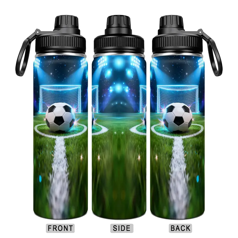 22 oz Soccer-Themed Water Bottle with BPA-Free, Leak-Proof Lid, Insulated Stainless Steel Water Bottle with Carry Handle, Ideal Gift for Soccer Fans, Boys, and Teens, Insulated Travel Drinkware