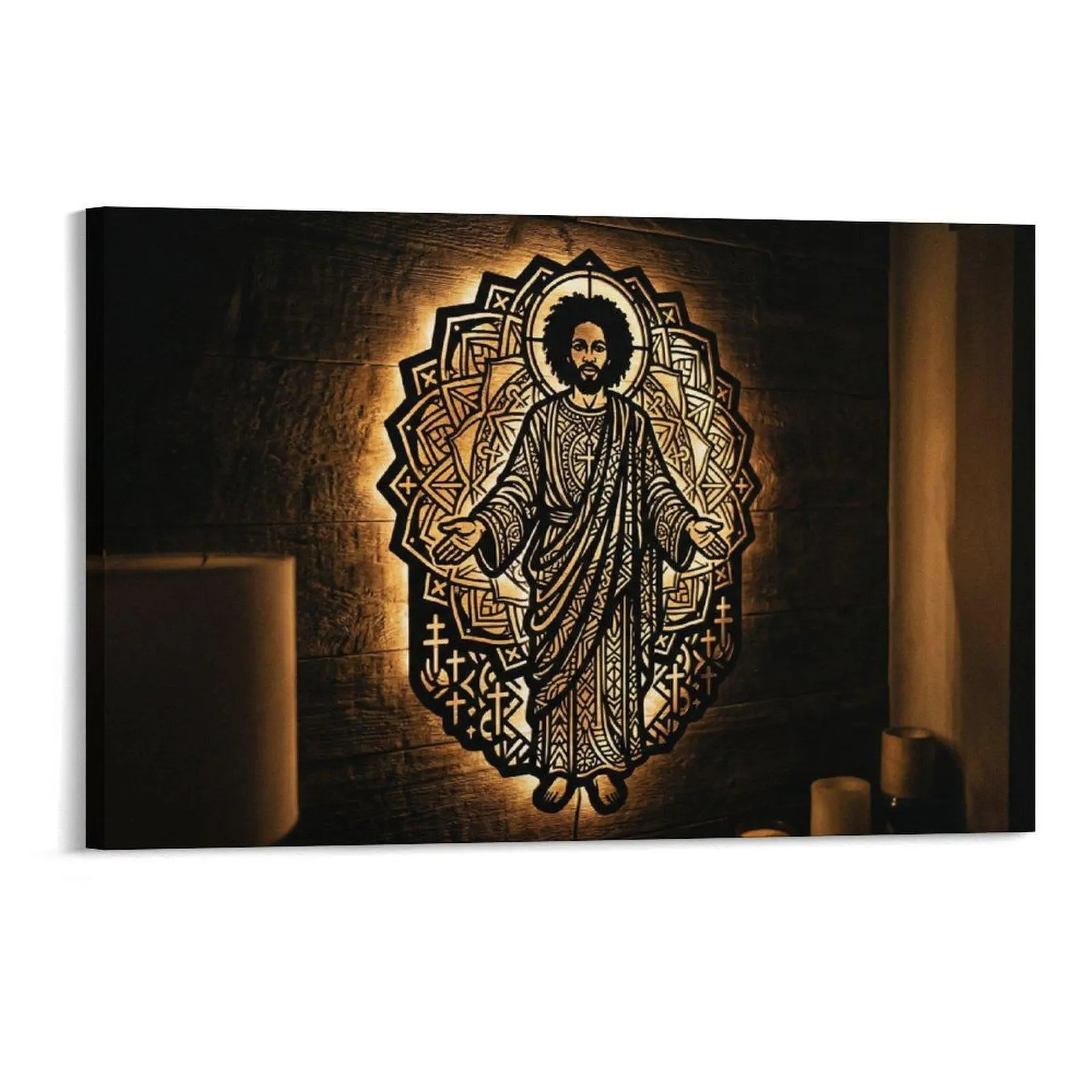 Laser-Cut Black Jesus Wooden LED Wall Light - Intricate Mandala Geometric Pattern, Cross Details, Backlit Warm Glow, Religious Art Accent, Spiritual Home Decor Accessory, Led Light