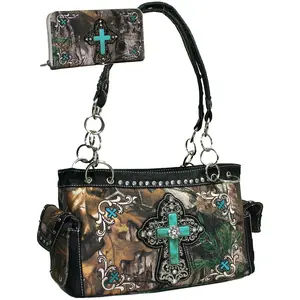 Gold Rush CRL682WC82SET-CAM - BK Western Camouflage Embroidered Cross Purse Wallet Set with Black Trim - Cam & Black