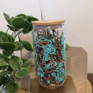 Magic Mushroom 16 oz beer can glass with bamboo lid and glass straw. Drinkware Colorful Drink