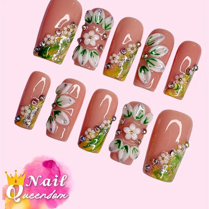 Nail Queendom [VERDE AMARELLA] Handcrafted 3D Press-On Nails Reusable Long Lasting Salon Quality Easy Application 10 Pieces Set Eco-Friendly 3D-gel Finish