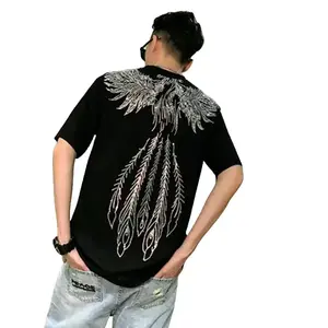 Men's summer phoenix wing print pattern T-shirt, casual short-sleeve T-shirt, shiny pattern top, casual solid color versatile round-neck short sleeves