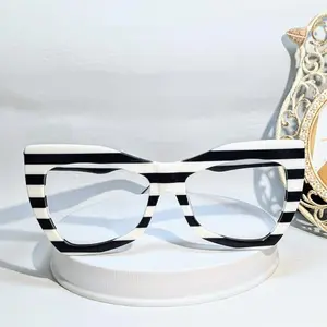 Miss Zee Fashion Eyewear White & Black Stripe Frames Sturdy Comfortable Prescription Lenses Clear Vision