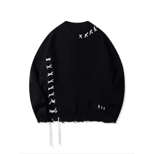 Men’s ripped lace-up drop-shoulder sweater, loose street punk fashion long-sleeve crewneck jumper for spring and fall, fashionable men’s knitwear for everyday wear