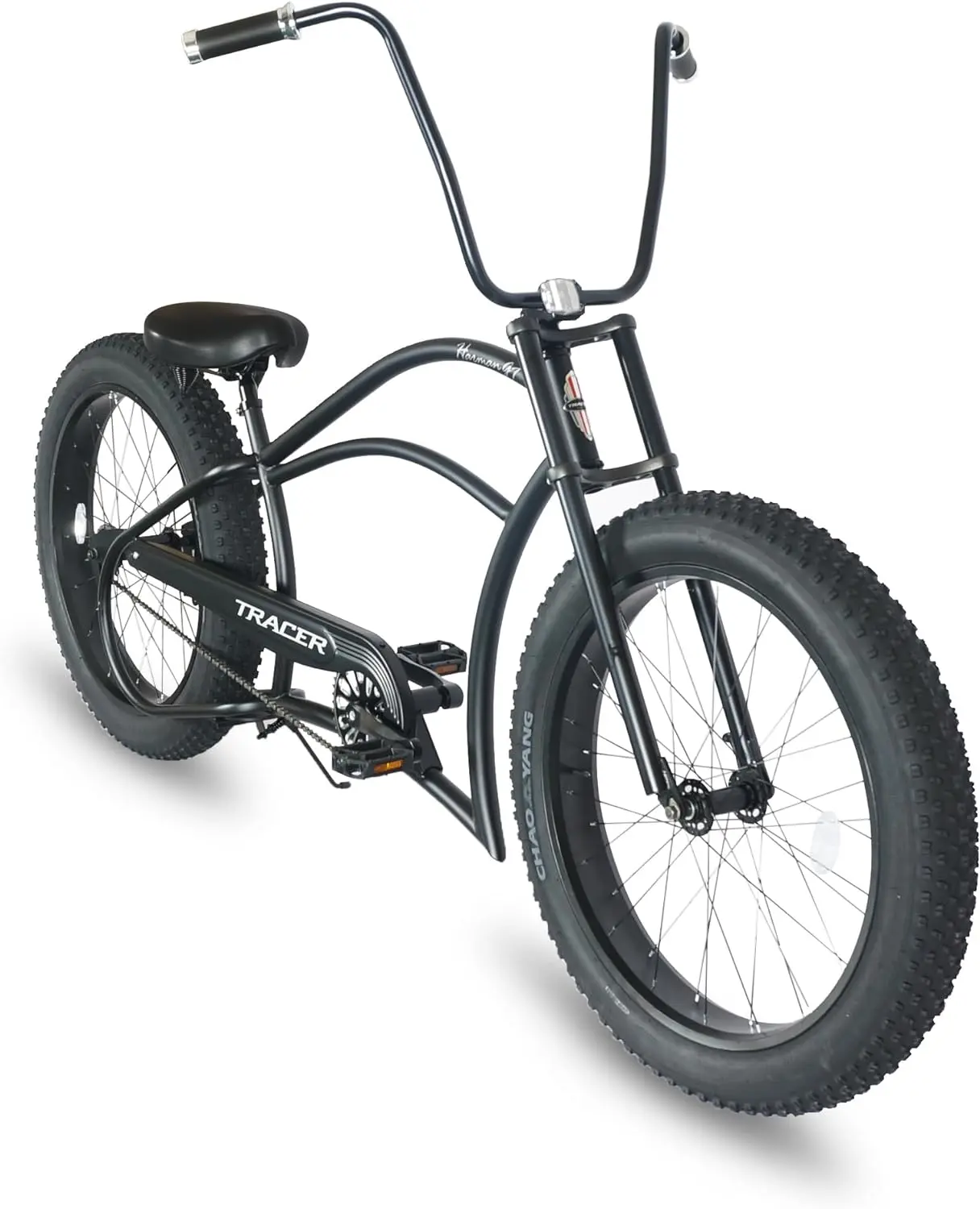 Tracer Harman 26" Stretch Chopper Cruiser Fat Tire Single-Speed Stainless Steel Spokes Triple Tree Fork Beach Cruiser Bike for Adult Hi-rise/moon-type handbar Black/Matte Black