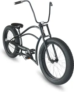 Tracer Harman 26" Stretch Chopper Cruiser Fat Tire Single-Speed Stainless Steel Spokes Triple Tree Fork Beach Cruiser Bike for Adult Hi-rise/moon-type handbar Black/Matte Black