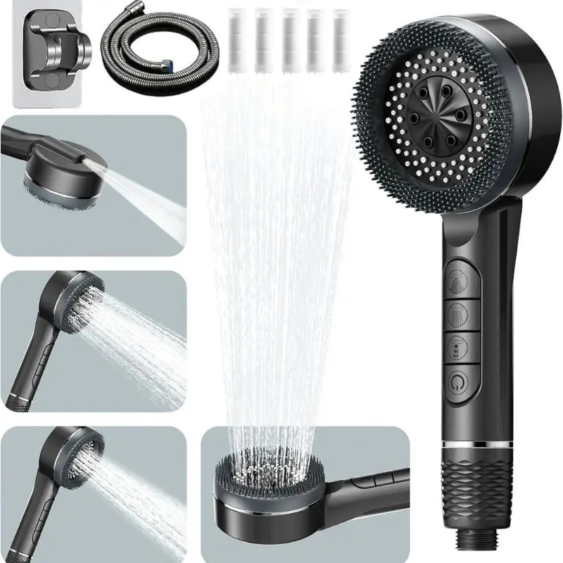 Kit de Douche Haute Pression 4 Pièces, Pommeau 4 Modes, Tuyau 1,5 m, 5 Filtres Anti-Impuretés, Set Salle de Bain