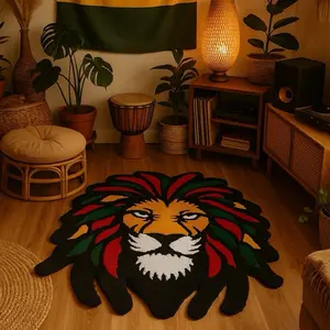 Reggae Lion Rug - Vibrant Rasta Colors, Unique Lion Design, Perfect for Living Room Decor, Soft and Durable, Ideal for Boho and Reggae Themed Spaces
