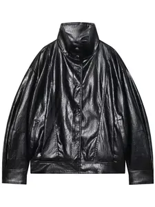 Women's Faux Leather Vintage High Neck Long Sleeve Elastic Cuffs Front Pocket Flared Hem Loose Fit Zipper Closure Pilot Jacket Coat