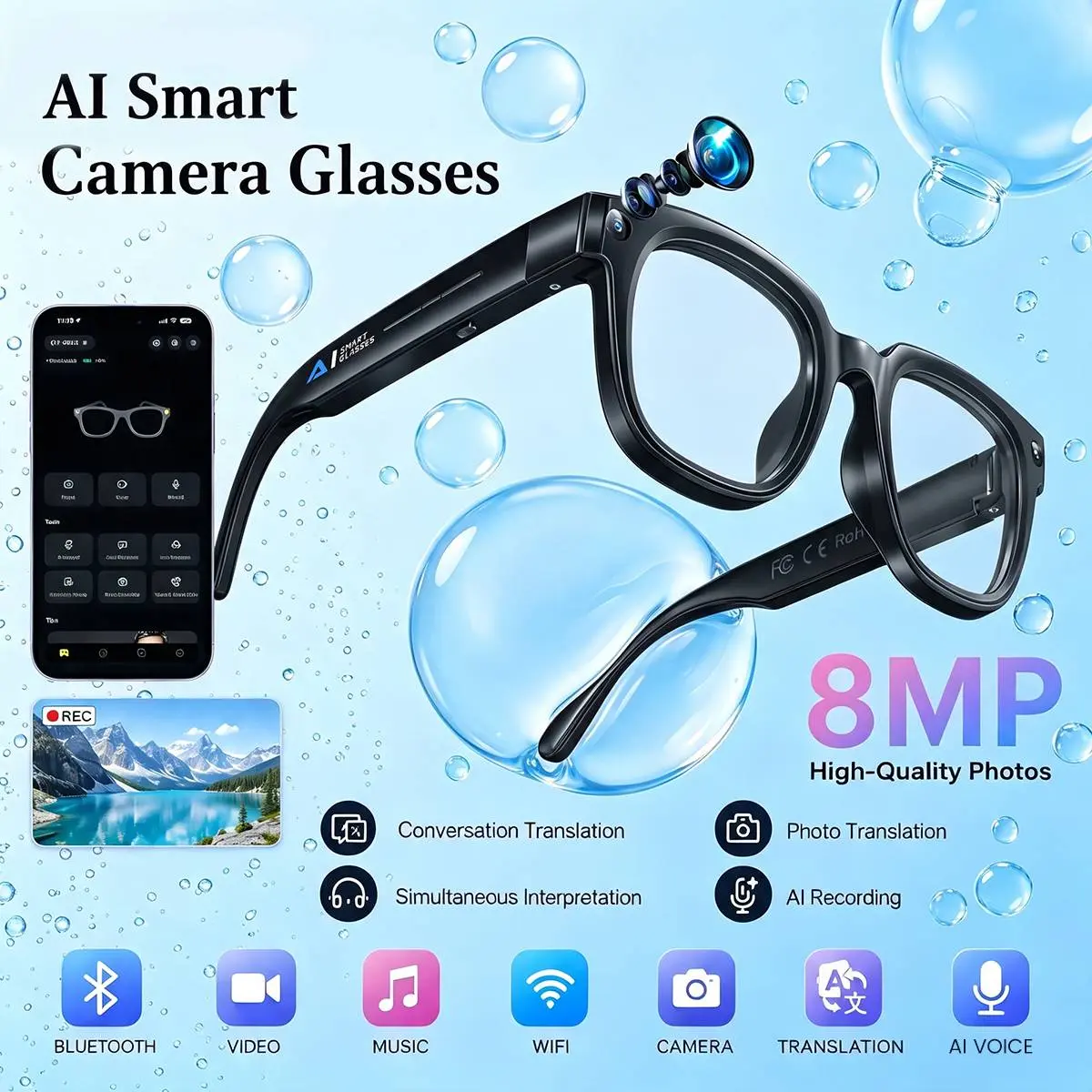Modern Unisex Wearable AI-Enabled Smart Glass Eyewear - 8MP Camera, 290mAh Battery, Bluetooth, AI Translate, Hands-Free POV Photo-Video Recording, Wireless Calls, Music, for Travel, Work,techvibes