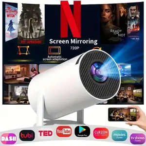 HY300 Pro projector upgraded version with dual Wi‑Fi, native Bluetooth, 1280×720p resolution, Android OS, built‑in speakers and app store, Allwinner H713 Wi‑Fi remote included; mini portable home theater model for outdoor use, new for 2025