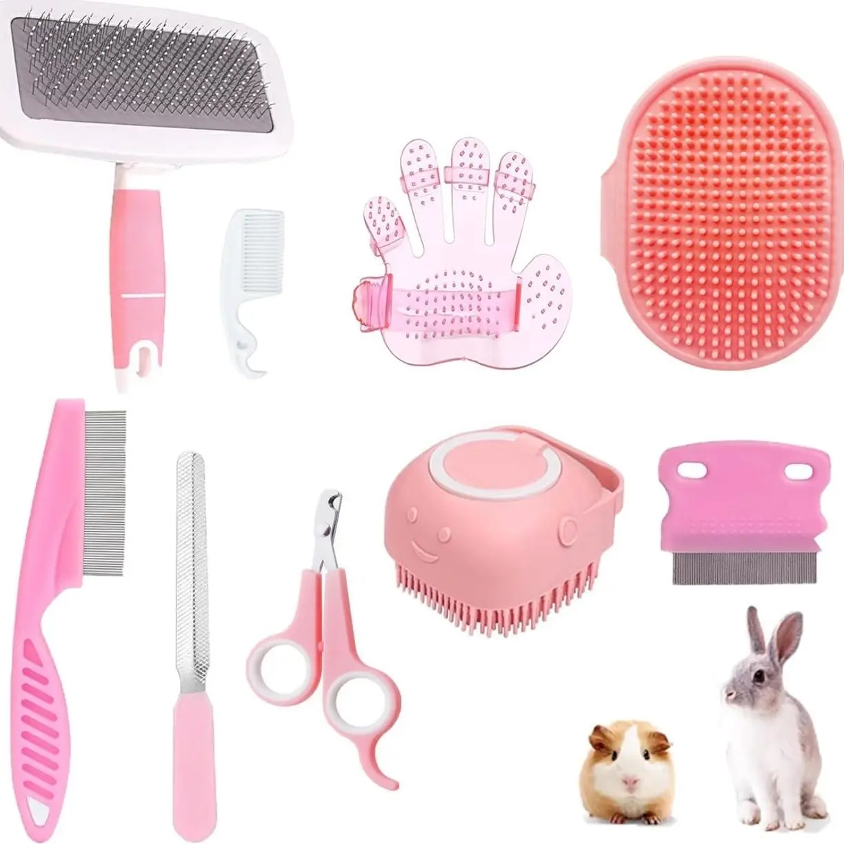 9PCS Small Animal Grooming Kit, Cleaning Brush Removes Loose Hair, Pet Bath Brush,Shampoo Brush, Nail Clipper, Flea Comb For Rabbit, Puppy, Kitten, Guinea Pig (9PCS-Pink)