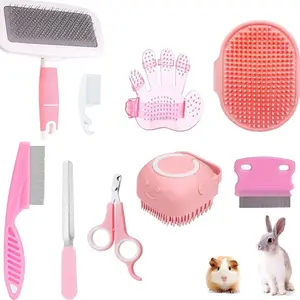 9PCS Small Animal Grooming Kit, Cleaning Brush Removes Loose Hair, Pet Bath Brush,Shampoo Brush, Nail Clipper, Flea Comb For Rabbit, Puppy, Kitten, Guinea Pig (9PCS-Pink)