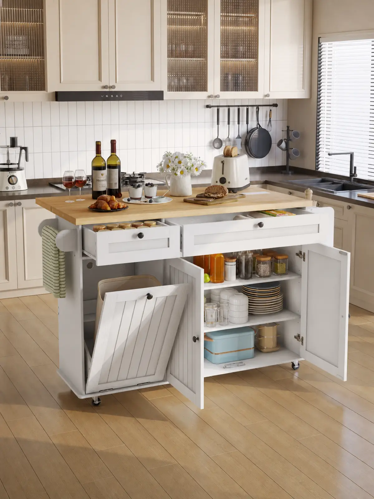 【SummerFinds】ONBRILL 60" / 81.7" Kitchen Island with Power Outlet & Drop Leaf, Kitchen Rolling Island with Spice Rack & Towel Rack, Knife Holder, Kitchen Island Cart with Trash Storage Cabinet, Mobile Island Table for Kitchen