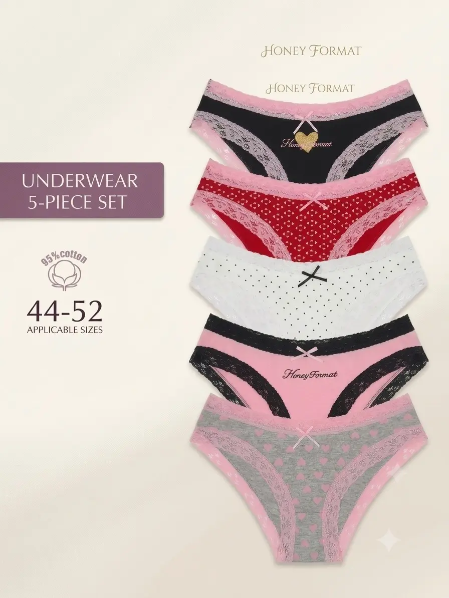 Women's 5-Pack 95% Cotton Briefs - Cute Honeycomb Print Panties with Contrast Lace, Lightweight Soft Breathable Lingerie for Everyday, Halloween Wear